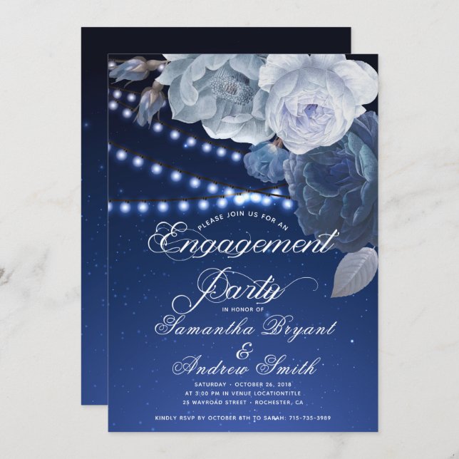 String lights Blue Elegant Engagement Invitation (Front/Back)