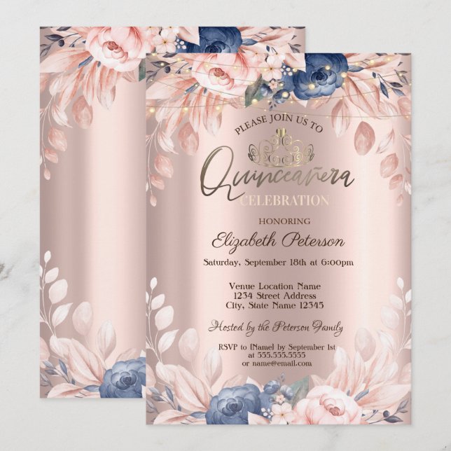 String Lights Blue Flowers Rose Gold Quinceañera Invitation (Front/Back)