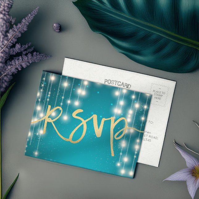 String Lights Blue Gold Script Wedding RSVP Reply Invitation Postcard (Creator Uploaded)