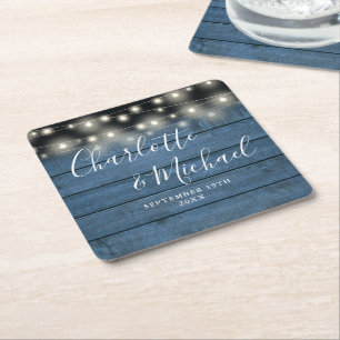 String Lights Blue Rustic Signature Script Wedding Square Paper Coaster