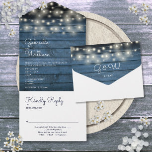 String Lights Blue Rustic Wood Monogram Wedding All In One Invitation