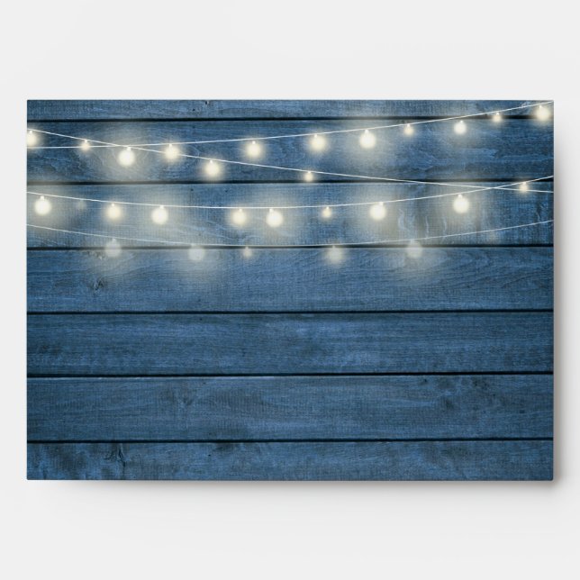String Lights Blue Rustic Wood Return Address Envelope (Front)