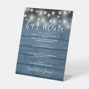 String Lights Blue Rustic Wood Wedding Bar Menu Pedestal Sign