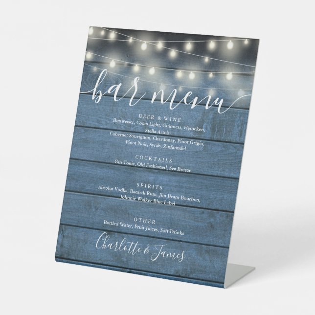 String Lights Blue Rustic Wood Wedding Bar Menu Pedestal Sign (Front)