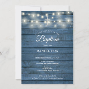 String Lights Blue Wood Baptism Christening Invitation