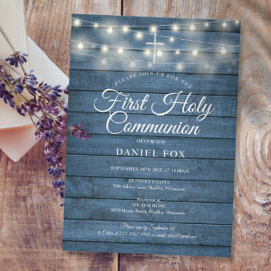 String Lights Blue Wood First Holy Communion Invitation