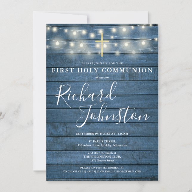 String Lights Blue Wood First Holy Communion Invitation (Front)