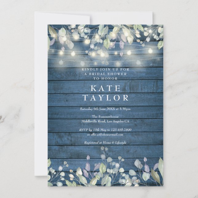 String Lights Blue Wood Floral Bridal Shower Invitation (Front)
