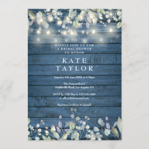String Lights Blue Wood Floral Bridal Shower Invitation
