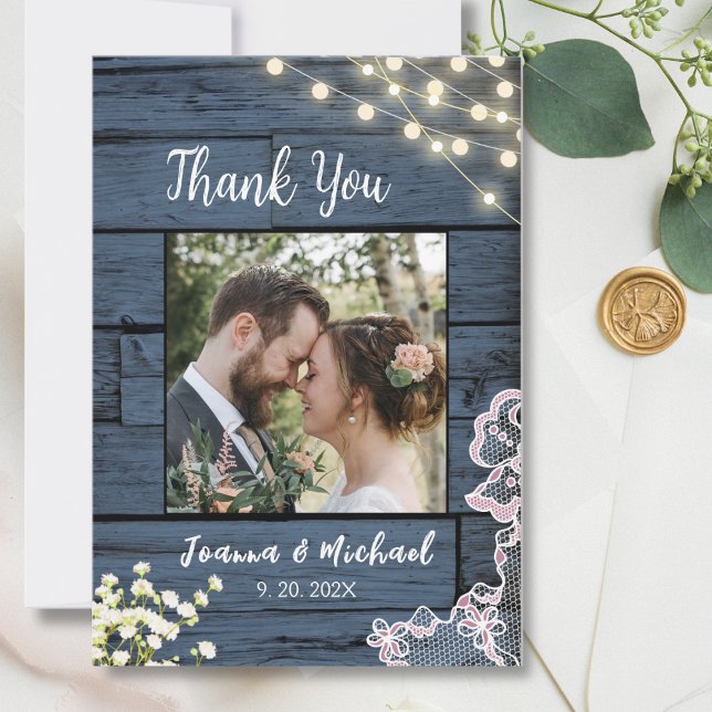 String Lights Blue Wood & Lace Wedding Thank You Card (Creator Uploaded)