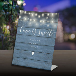 String Lights Blue Wood Love Is Sweet Favour Pedestal Sign