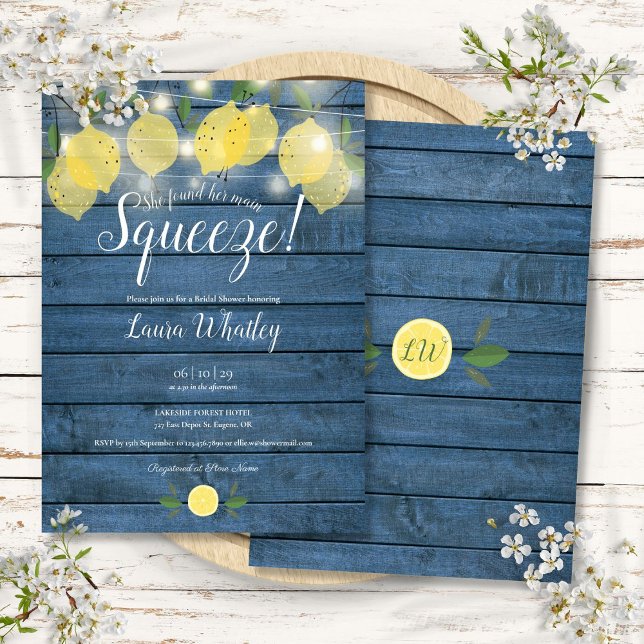 String Lights Blue Wood Main Squeeze Bridal Shower Invitation (String Lights Blue Wood Main Squeeze Bridal Shower Invitation)