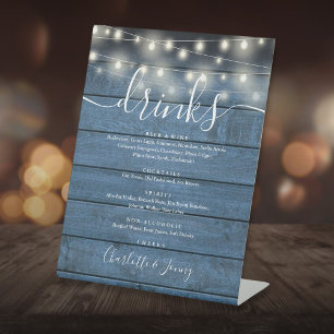 String Lights Blue Wood Wedding Drinks Menu  Pedestal Sign