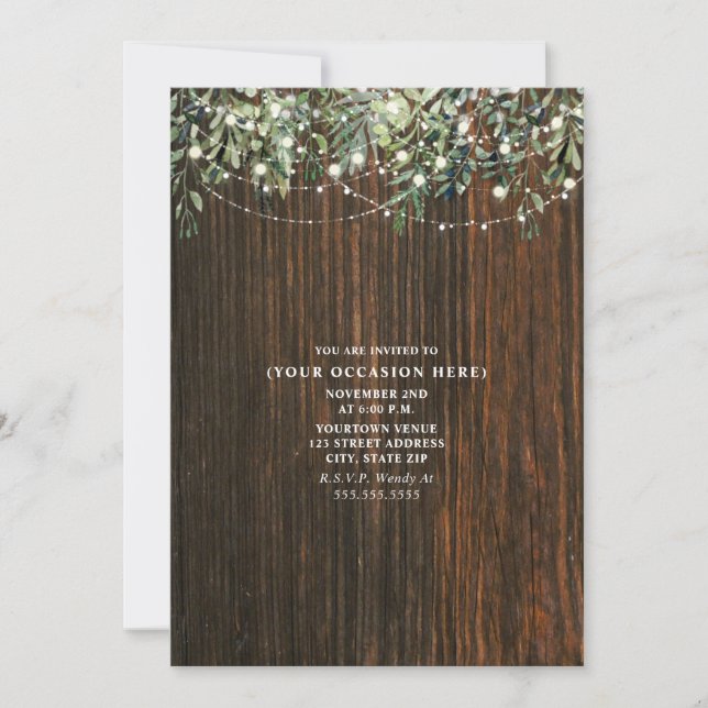 String Lights Botanical Rustic Wood Generic Party Invitation (Front)