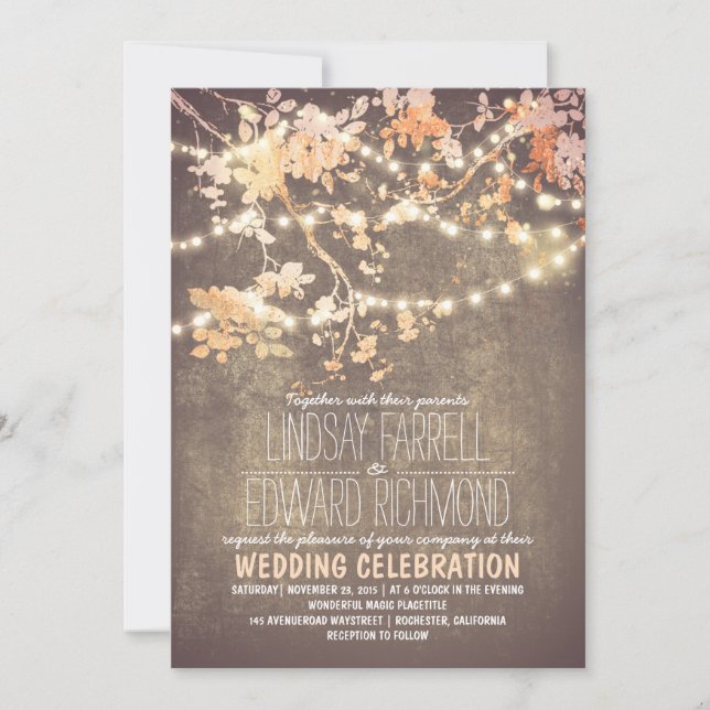 String Lights Branch Rustic Vintage Blush Wedding Invitation (Front)