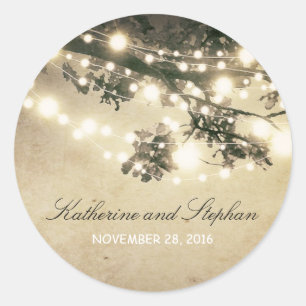 String Lights Branches Rustic Wedding Classic Round Sticker