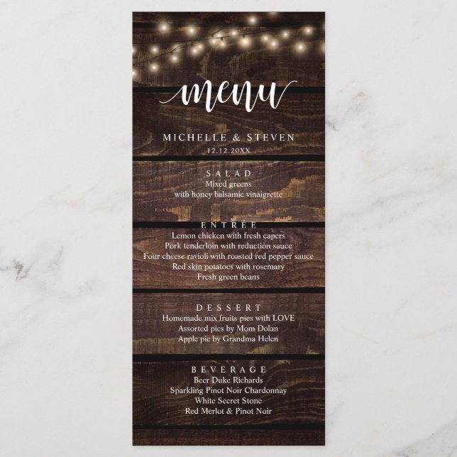 String Lights Brown Kraft Wedding Elopement Dinner Menu (Front)