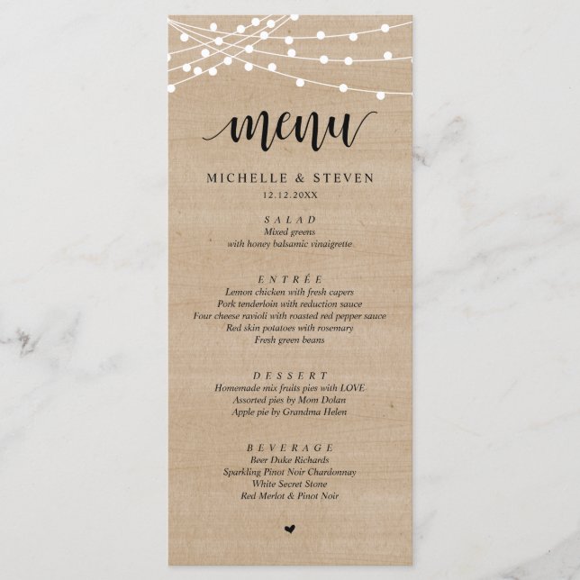 String Lights Brown Wood Wedding Elopement Dinner Menu (Front)