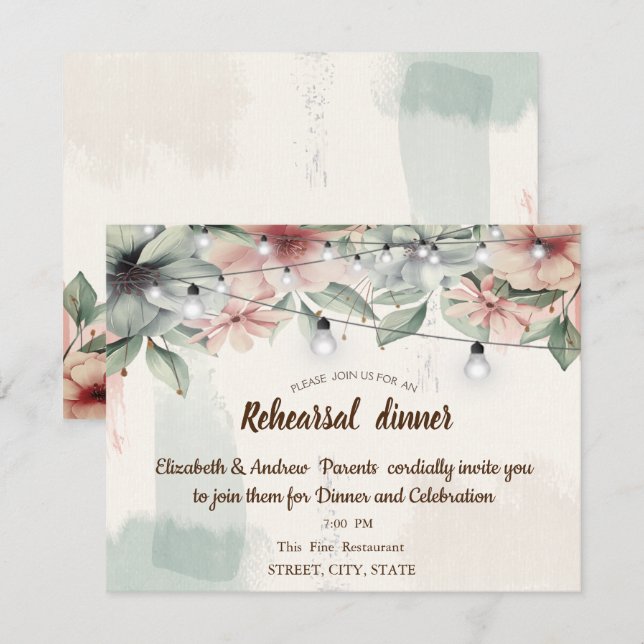String Lights,Brush Stroke,Floral Rehearsal Dinner Invitation (Front/Back)