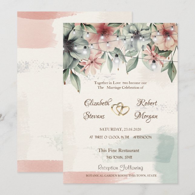 String Lights,Brush Stroke,Floral  Wedding Invitation (Front/Back)