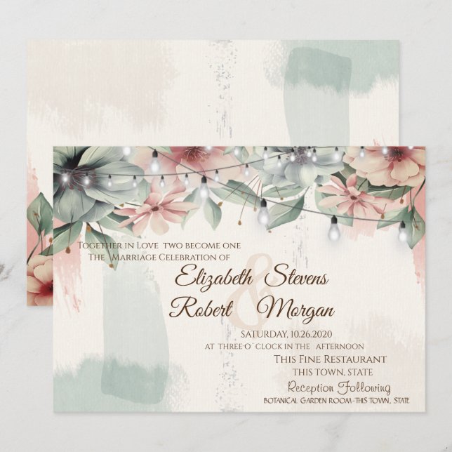String Lights,Brush Stroke,Floral Wedding Invitation (Front/Back)