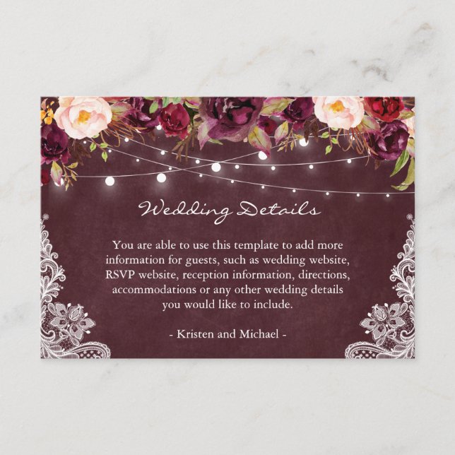 String Lights Burgundy Floral Lace Wedding Details Enclosure Card (Front)