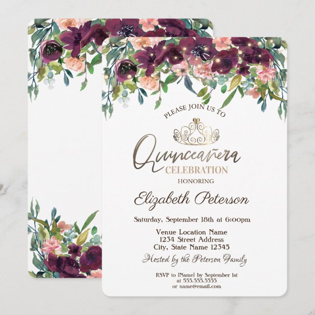 String Lights Burgundy Flowers Quinceañera  Invitation (Front/Back)