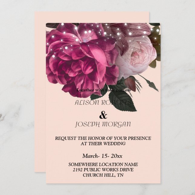 String Lights Burgundy Flowers  Wedding Invitation (Front/Back)