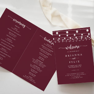 String Lights Burgundy Folded Wedding Program Programme