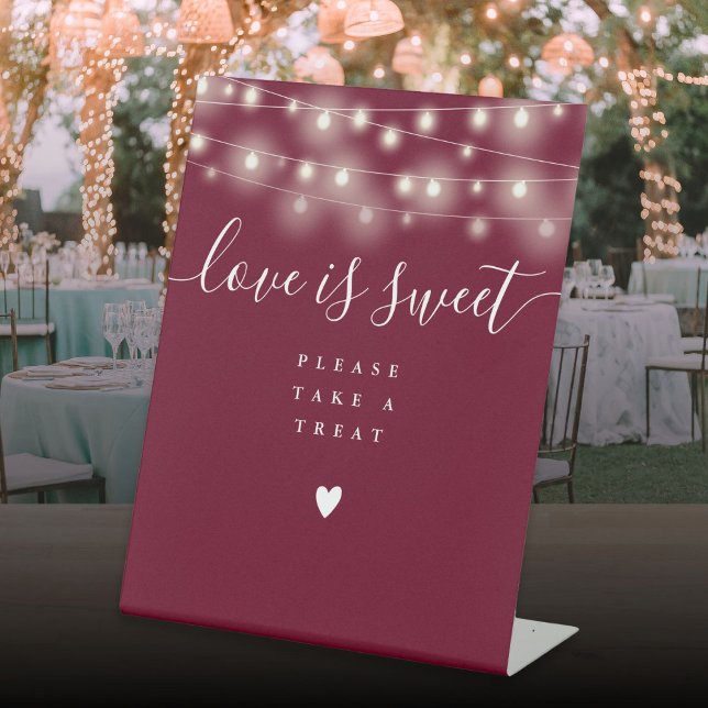 String Lights Burgundy Love Is Sweet Favour  Pedestal Sign (String Lights Burgundy Love Is Sweet Favor Pedestal Sign)