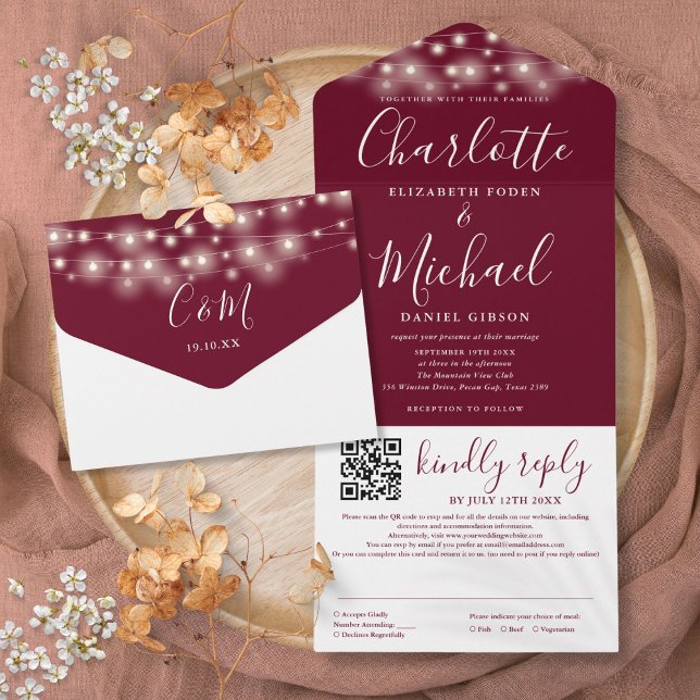 String Lights Burgundy Script QR Code Wedding All In One Invitation (String Lights Burgundy Script QR Code Wedding All In One Invitation)