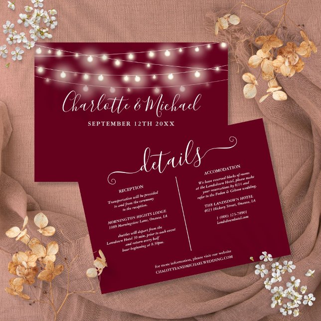 String Lights Burgundy Wedding Details Info Card (String Lights Burgundy Wedding Details Info Card)