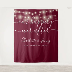 String Lights Burgundy Wedding Photo Backdrop Tapestry