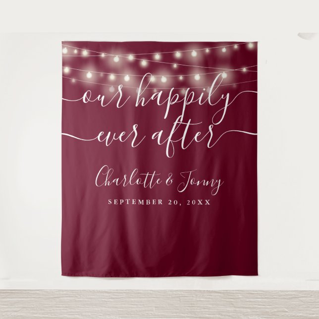 String Lights Burgundy Wedding Photo Backdrop Tapestry (Front)