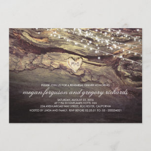 String Lights Carved Heart Rustic Rehearsal Dinner Invitation