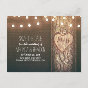 String lights carved heart rustic save the date announcement postcard