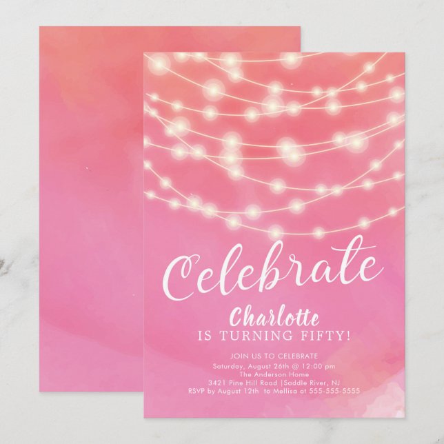 String Lights Celebrate Adult Birthday Invitation (Front/Back)
