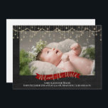 String Lights Chalkboard Photo Birth Announcement<br><div class="desc">String Lights Chalkboard Photo Birth Announcement Cute winter newborn baby picture birth announcement card to introduce your little one to friends and family. Featuring a golden glitter string lights border illustration with a Welcome to the World banner in festive red. Personalise the card with the weight, height, and date of...</div>