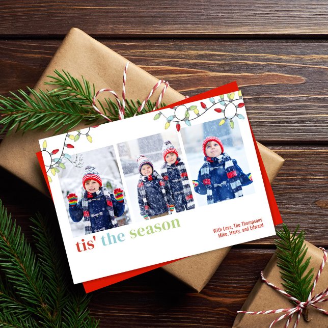 String Lights Christmas Photo Card Multi Photo (Tis the season holiday photo card with colorful string lights)