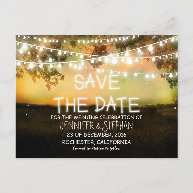 string lights colourful romantic save the date announcement postcard (Front)