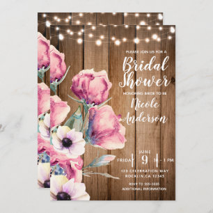 String Lights & Country Flowers Rustic Barn Wood Invitation
