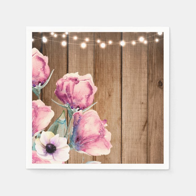 String Lights & Country Flowers Rustic Barn Wood Napkin (Front)