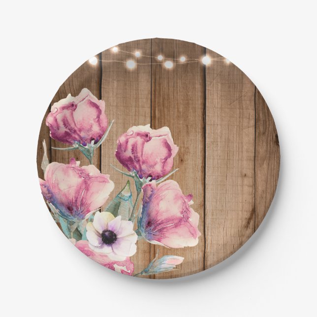 String Lights & Country Flowers Rustic Barn Wood Paper Plate (Front)