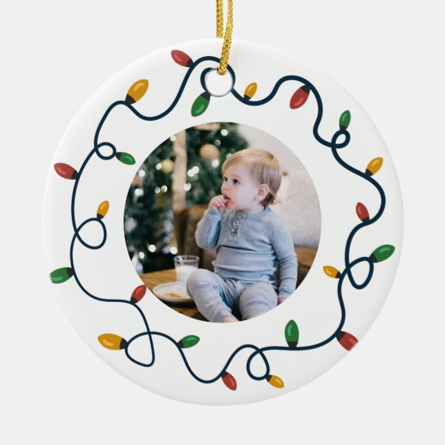 String Lights Custom Photo Baby 1st Christmas Ceramic Tree Decoration (Front)