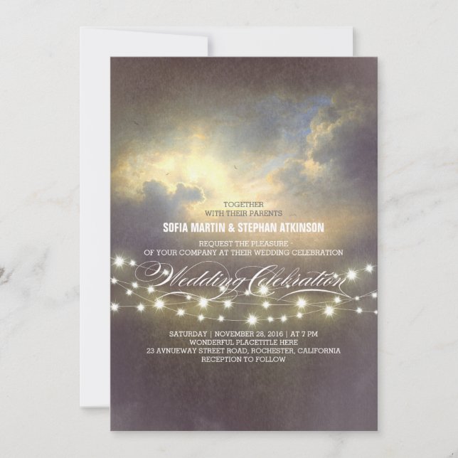 string lights dramatic sunset wedding invitation (Front)