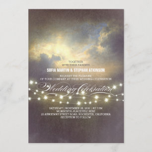 string lights dramatic sunset wedding invitation