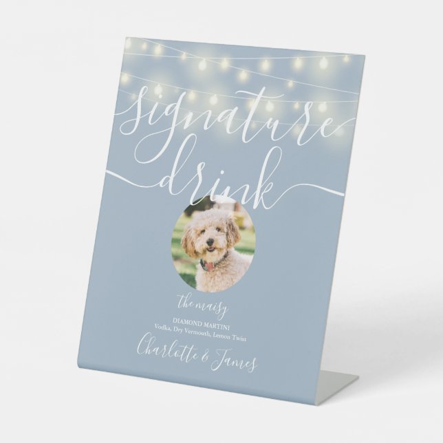 String Lights Dusty Blue Pet Signature Drink  Pedestal Sign (Front)