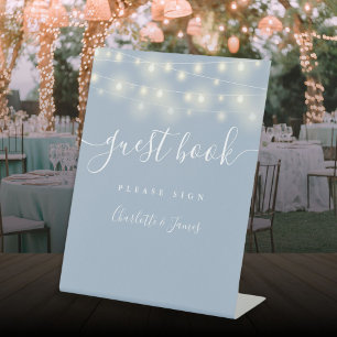 String Lights Dusty Blue Script Guest Book Pedestal Sign