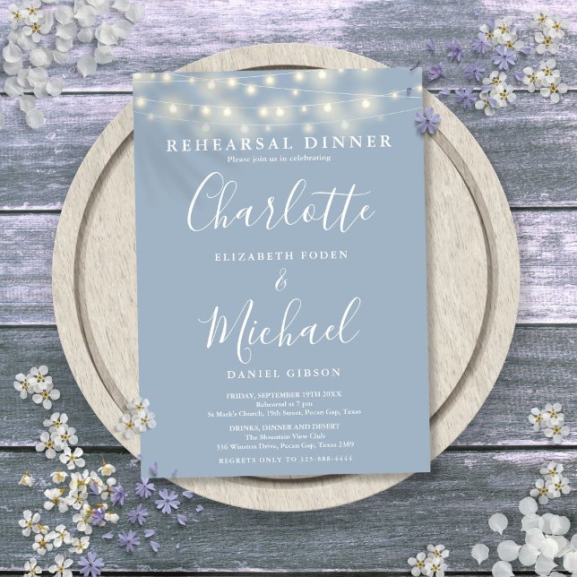 String Lights Dusty Blue Script Rehearsal Dinner Invitation (String Lights Dusty Blue Script Rehearsal Dinner Invitation)