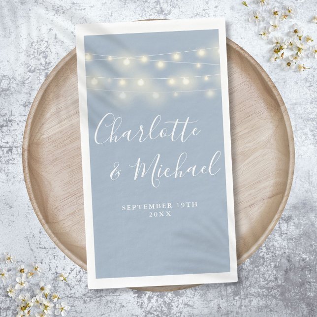 String Lights Dusty Blue Signature Script Wedding Napkin (String Lights Dusty Blue Signature Script Wedding Paper Guest Towels)